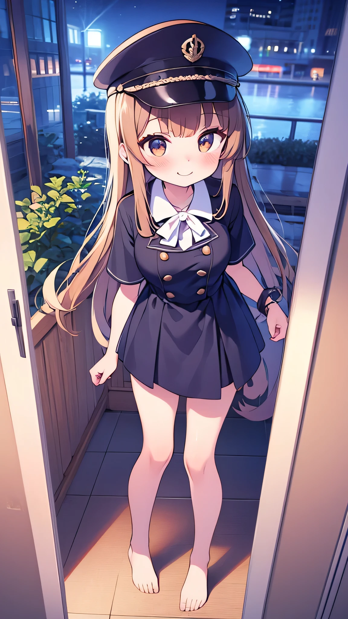 {Highest quality}, {Super beautiful},{Ultra fine},{Best illustration},Brown Hair,Hime cut,semi-long,Bangs,Standing Woman,Uniform cap,White Shirt,Short sleeve,Long black skirt,Night Park,Embarrassed,smilingly,Blushing,Slender women, A woman wearing plain black pumps,Bare feet and pumps,From an angle,From above,Inner thighs