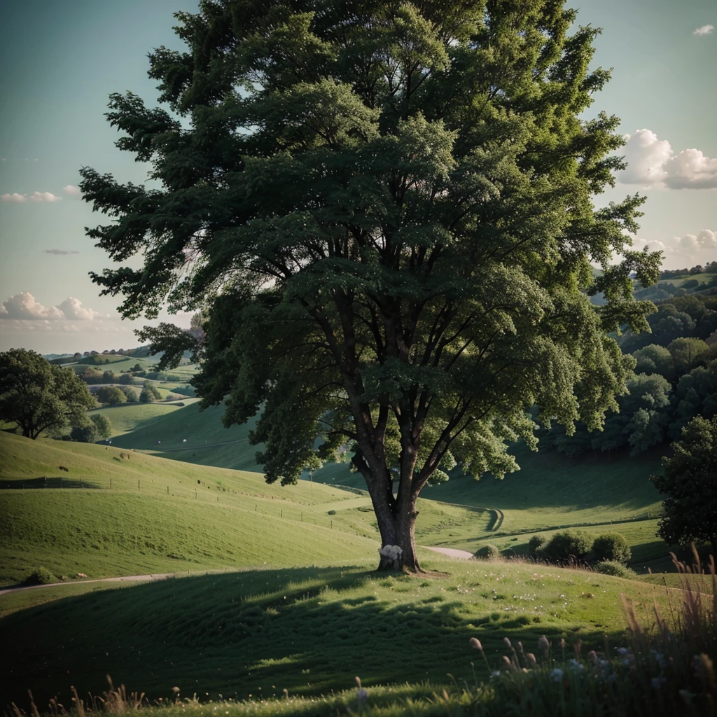 A lone tree on a green hill in a romantic atmoshphere