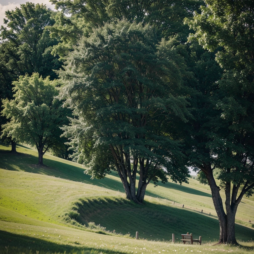 A lone tree on a green hill in a romantic atmoshphere