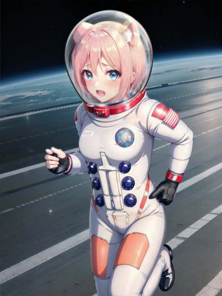 short hair, pink hair, street, emo,pink eyes, eyeliner, fortified suit, ((blue:1.5) plugsuit), short hair, (running fast:1.6),sweaty,clenched teeth,marathon event,looking ar forward,1),,asuka langley soryu, (souryuu asuka langley:1.2), short hair, bangs, blue eyes, brown hair, pilot suit, 1.5, bubble helmet, (space helmet:1.2)\, CAT EARS, (city:1.4), (road:1.4)