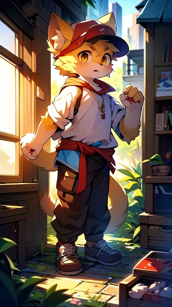 A cartoon style painting,In the picture, a kitten wearing a hat excitedly tells his parents about the box,The other two cats,Mom and Dad widened their eyes,looks surprised。,Wearing stylish fursona, Cat boy, Cute cat, Anthropomorphic cats, Hot topics on artstation pixiv, Full body high-grade white, High-quality anime art style, High resolution cargo, Anthropomorphic cats, High Quality Fan Art, Anthropomorphic cyberpunk kitten:tall and big,