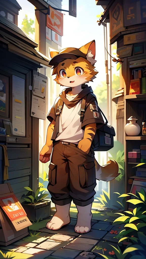 A cartoon style painting,In the picture, a kitten wearing a hat excitedly tells his parents about the box,The other two cats,Mom and Dad widened their eyes,looks surprised。,Wearing stylish fursona, Cat boy, Cute cat, Anthropomorphic cats, Hot topics on artstation pixiv, Full body high-grade white, High-quality anime art style, High resolution cargo, Anthropomorphic cats, High Quality Fan Art, Anthropomorphic cyberpunk kitten:tall and big,