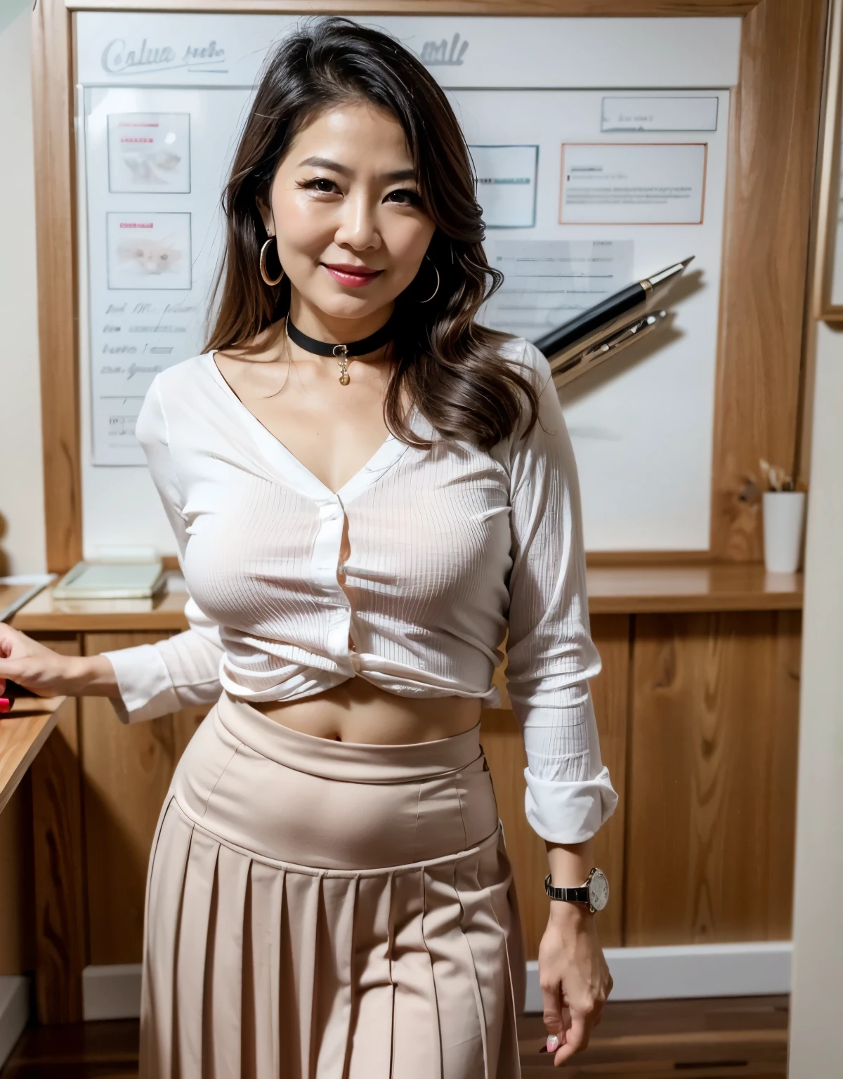 75 years old mom milf Korean, Lady large earring Big choker navel piercing decoration A bracelet Silver Hair realisitic Gorgeous Madame Beautiful Mature Woman sexly Smile Gentle woman navel piercing 4K High quality pleated skirt shirt teacher Early childhood education Whiteboard pen