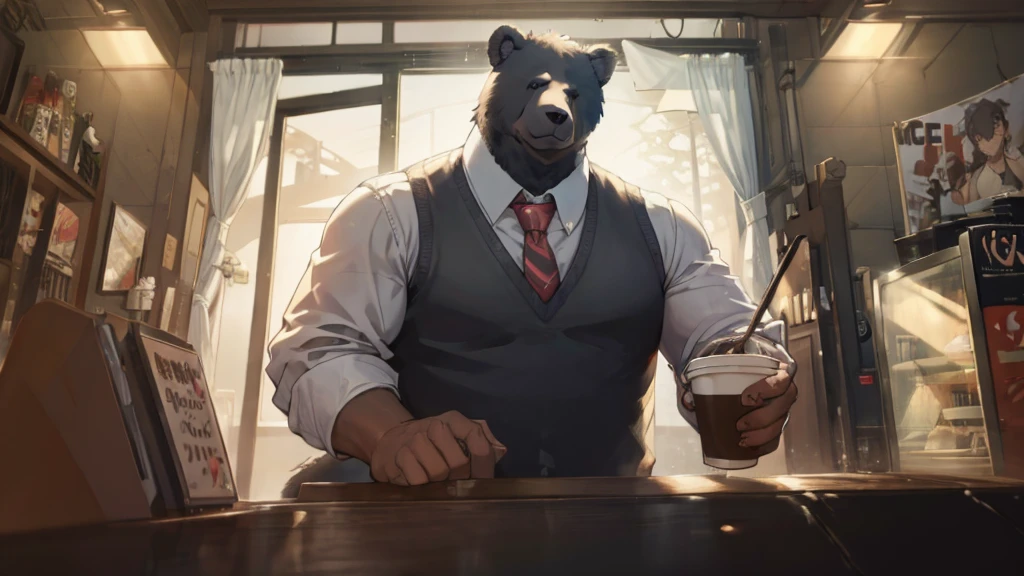 Cartoon Bear、Anthropomorphic Bear、Big body、Black vest、shirt、tie、Pouring coffee, Coffee shop, Surrealism, UHD, accurate, super detail, best quality, highres, 8k