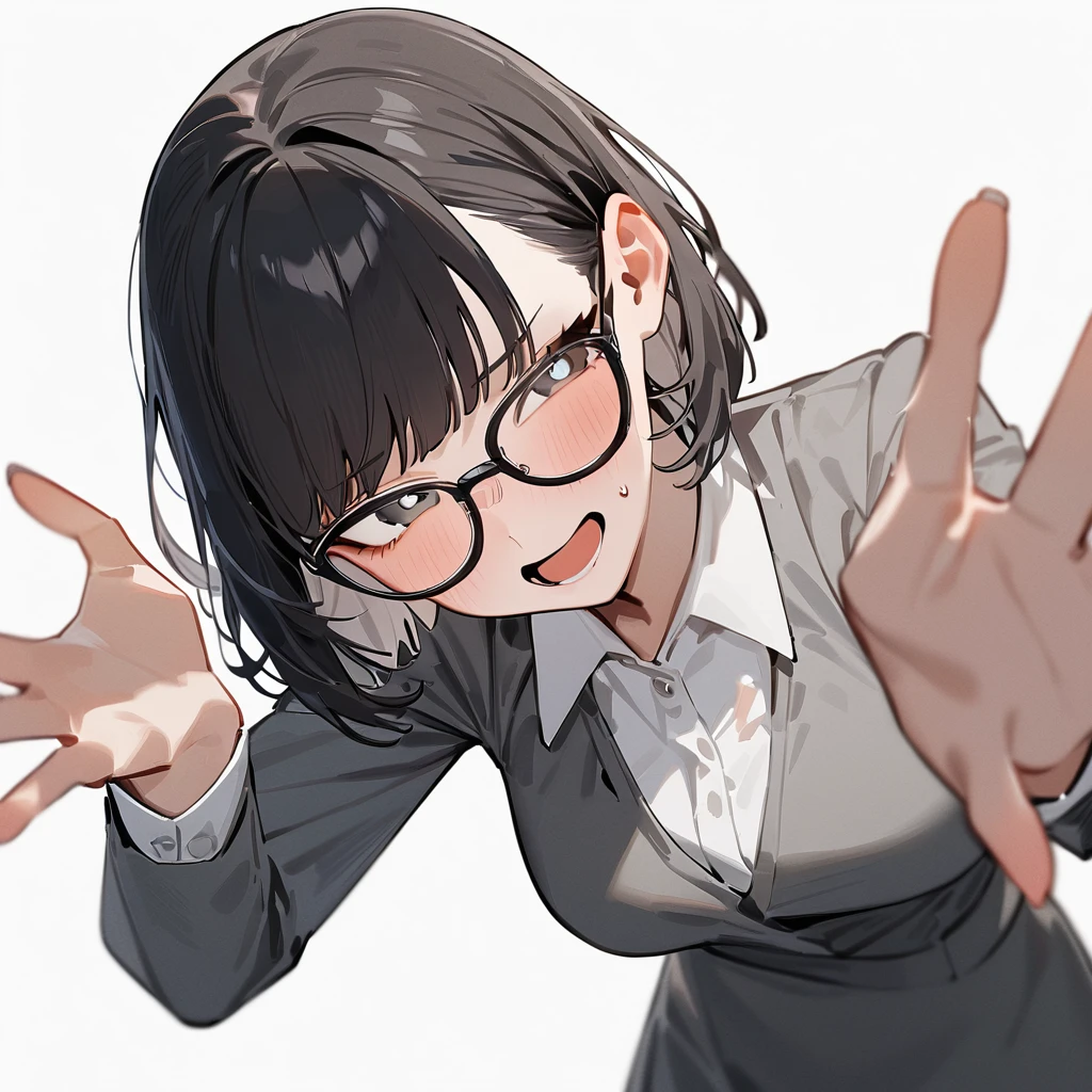 masterpiece, Highest quality, so beautiful, Absurd,
One girl, alone, Black Hair, Bobcut,
Thermont 16A, Glasses,
Collared shirt、Ecstatic expression、View your viewers, White Background, Simple Background,