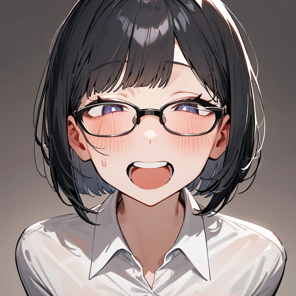 masterpiece, Highest quality, so beautiful, Absurd,
One girl, alone, Black Hair, Bobcut,
Thermont 16A, Glasses, 
Collared shirt、Ecstatic expression、View your viewers,  White Background, Simple Background,
 