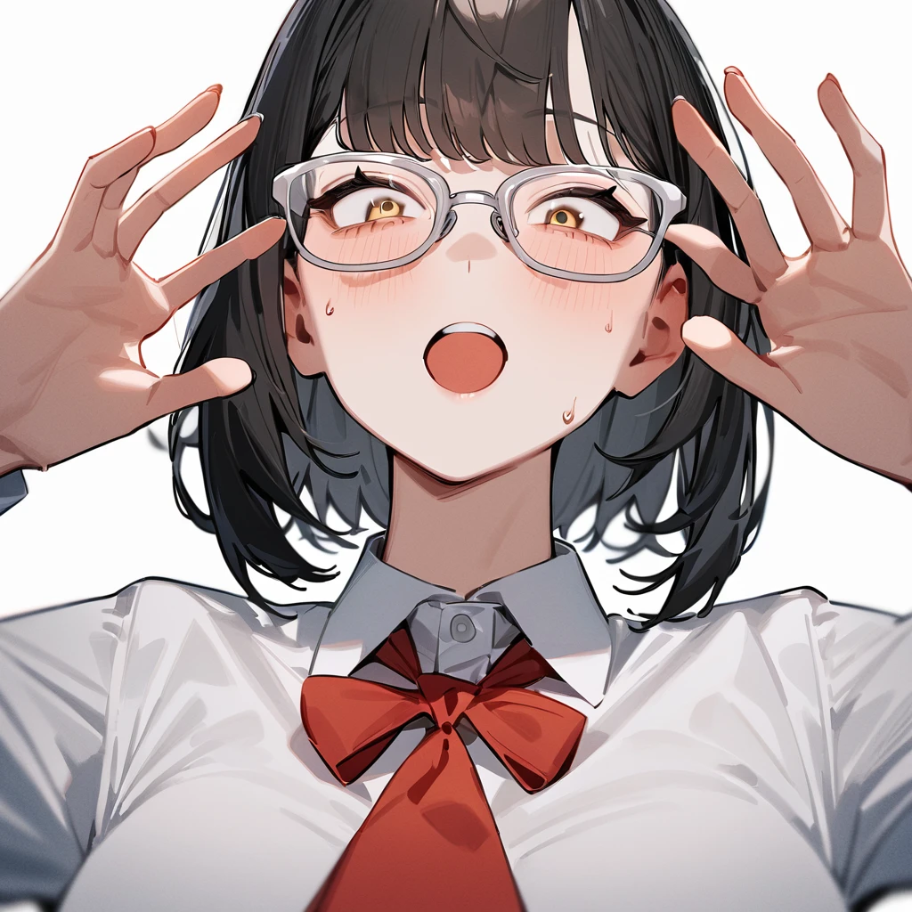 masterpiece, Highest quality, so beautiful, Absurd,
One girl, alone, Black Hair, Bobcut,
Thermont 16A, Glasses, 
Collared shirt、Ecstatic expression、View your viewers,  White Background, Simple Background,
 