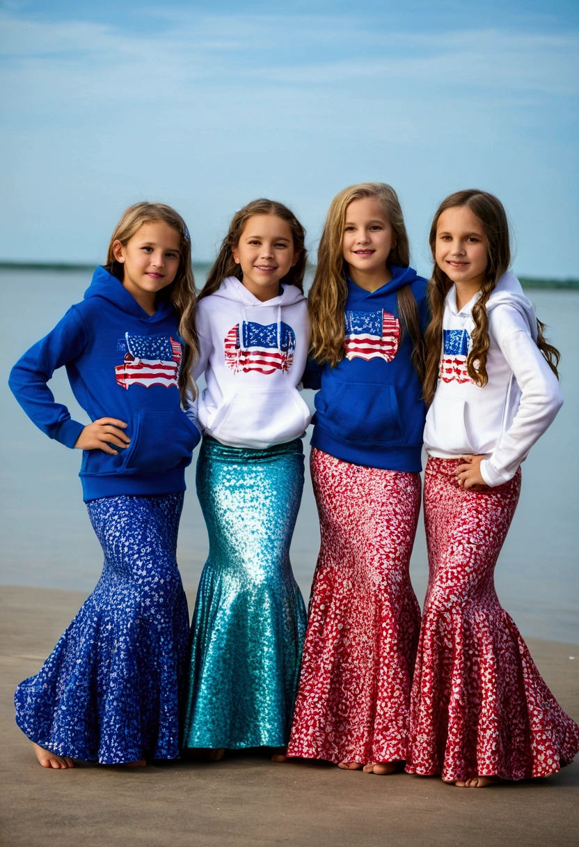 Four 10 year old American girls wearing casual long mermaid floor length maxi skirt covering legs and loose hoodie, Fourth of July themed