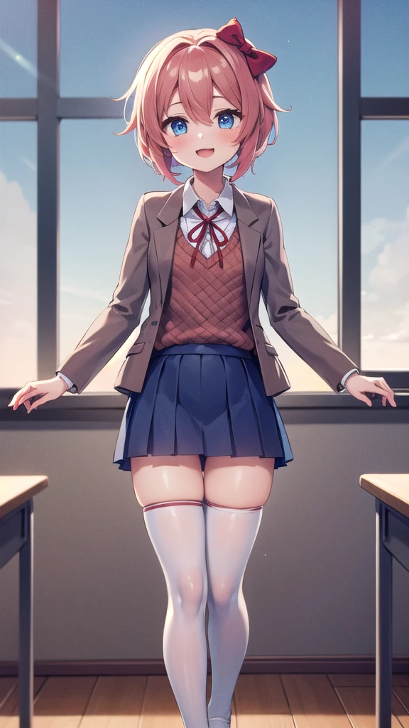 Masterpiece, perfect lighting, (beautiful, Best quality: 1.3), ddlcsayori, ddlcsayori, Perfect eyes, absurd, 8k, 1 girl, alone, (absurds), finely detailed, perfect hands, perfect anatomy, very large, smiling, mouth open, in love, looking at viewer, posing coquettishly, thighs, wide, blue eyes, hair between eyes, hair bow, hair ornament, pink hair, red bow, short hair, (small chest: 1.2), white tights, blue skirt, pleated skirt, , skirt, brown jacket, jacket, indoors, in the classroom, Serapuku