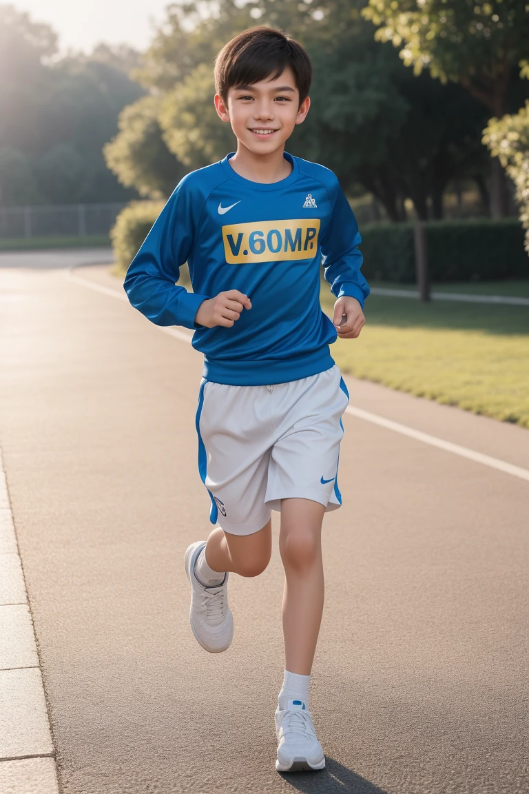 12-year-old boy,Smile,Spread your white and slender legs,jogging,full body,8K facial features are exquisite,Handsome boyish feeling,8k,masterpiece,((best quality)),photography,photograph