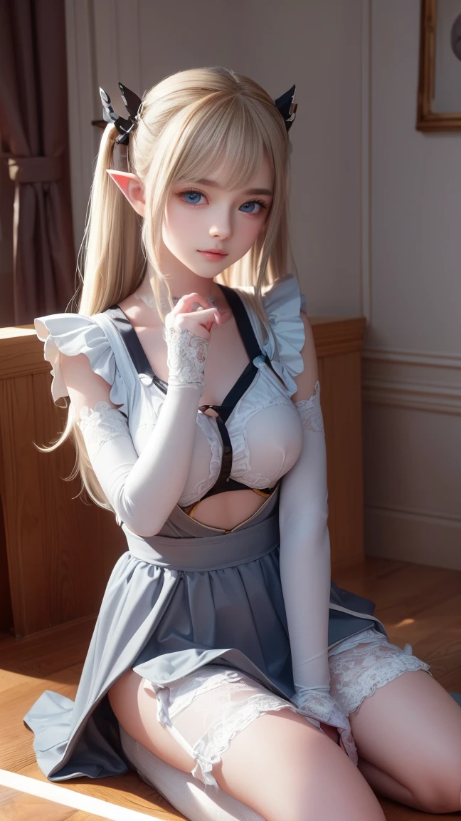 1girl, solo, happy face, teeth, white and black maid outfit, small breast, Elf ears, light blonde hair, mega twin-tails, green eyes,(((sitting in a room))), Portrait, colossal tits, Huge bust, Raw photo, (8K、highest quality、masterpiece:1.2)、(Intricate details:1.4)、(Photorealistic:1.4)、Octane Rendering, Intricate 3D rendering super detailed, studio soft light, Rim Light, Vivid details, Super Detail, Realistic skin texture, Cheek gloss, details face, Very beautiful bright pale blue eyes, Very big eyes, Highly detailed CG Unity 16k wallpaper, perfect beauty, round face, Makeup, (Detailed background:1.2), Shiny skin, Full Body, From head to thighs, 