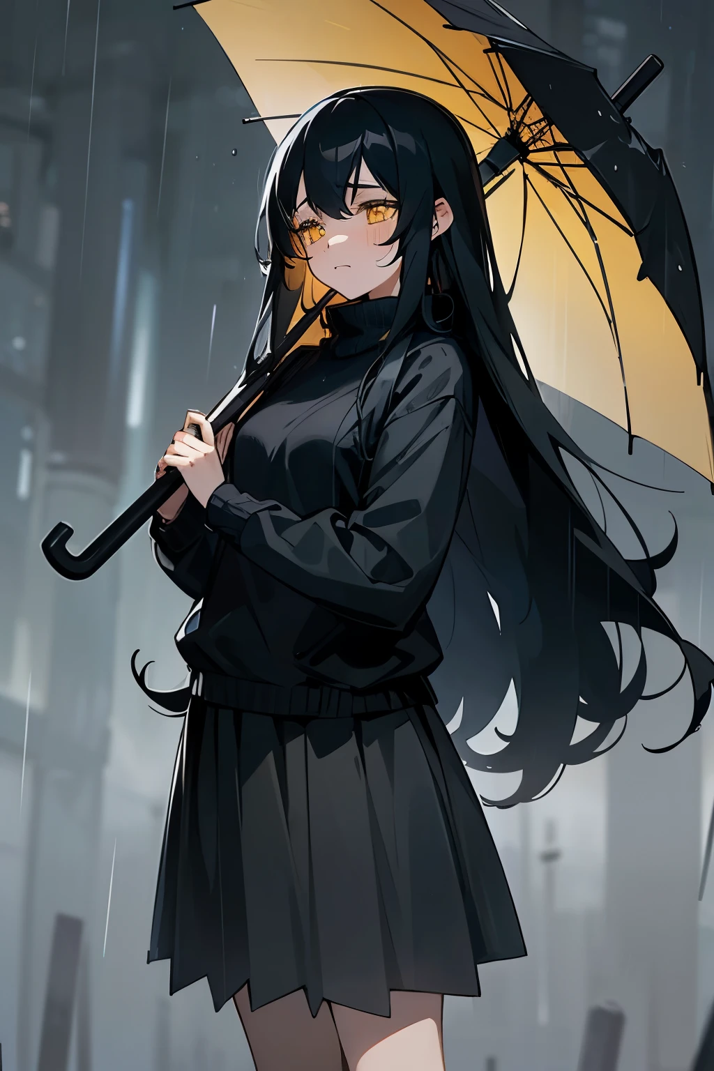 A girl, with long black hair, yellow eyes, wearing a black sweater and gray skirt, with a crying expression on her face, pose standing in the rain and holding umbrella, background is night city with rain weather, HD picture, good art AI, NO BLUR PICTURE. 