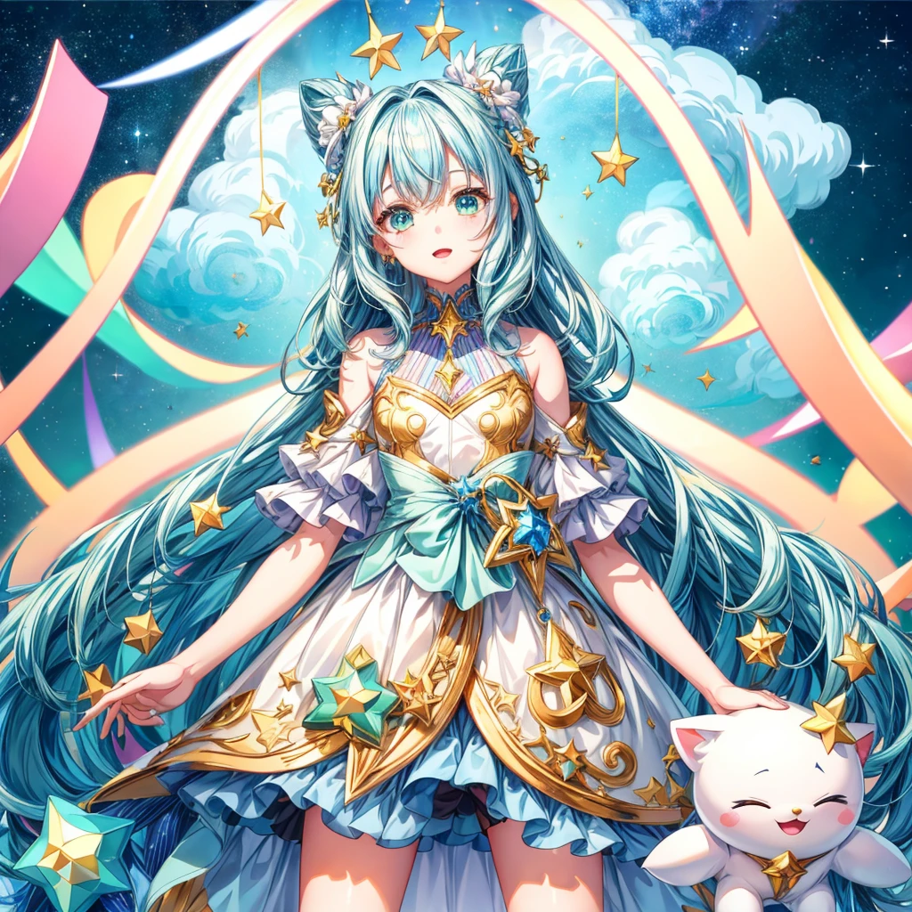 1girginal and unique cute hairstyle、Star Fairy、Star incarnation、Character design front view、A picture facing the viewer、(((Super detailed、Highest quality、Masterpiece)))、Original cute hairstyle、Milky white and blue hair color、Simple Green Background、vtuber-fullbody,