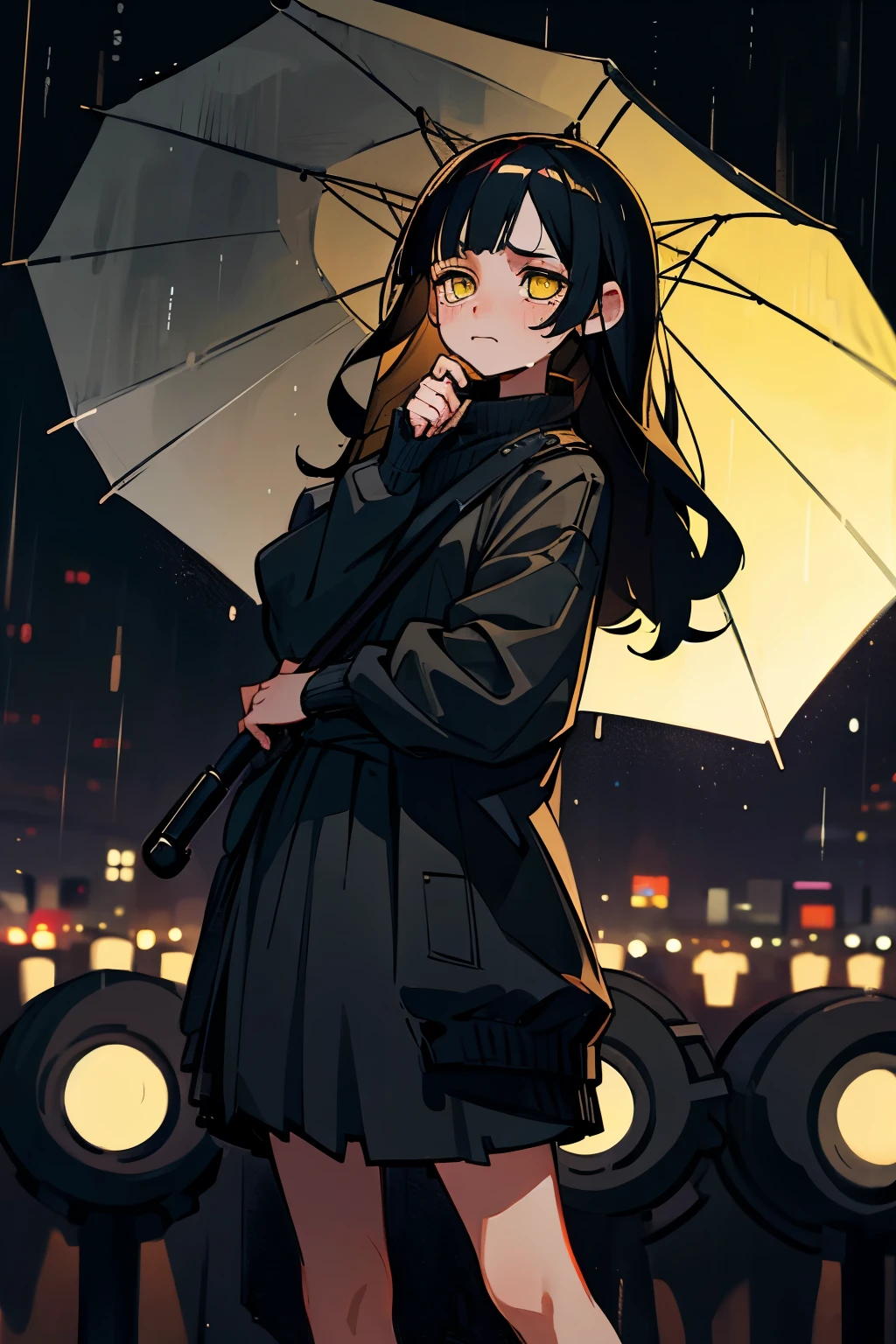 A girl, with long black hair, yellow eyes, wearing a black sweater and gray skirt, with a crying expression on her face, pose standing in the rain and holding umbrella, background is night city with rain weather, HD picture, good art AI, NO BLUR PICTURE.