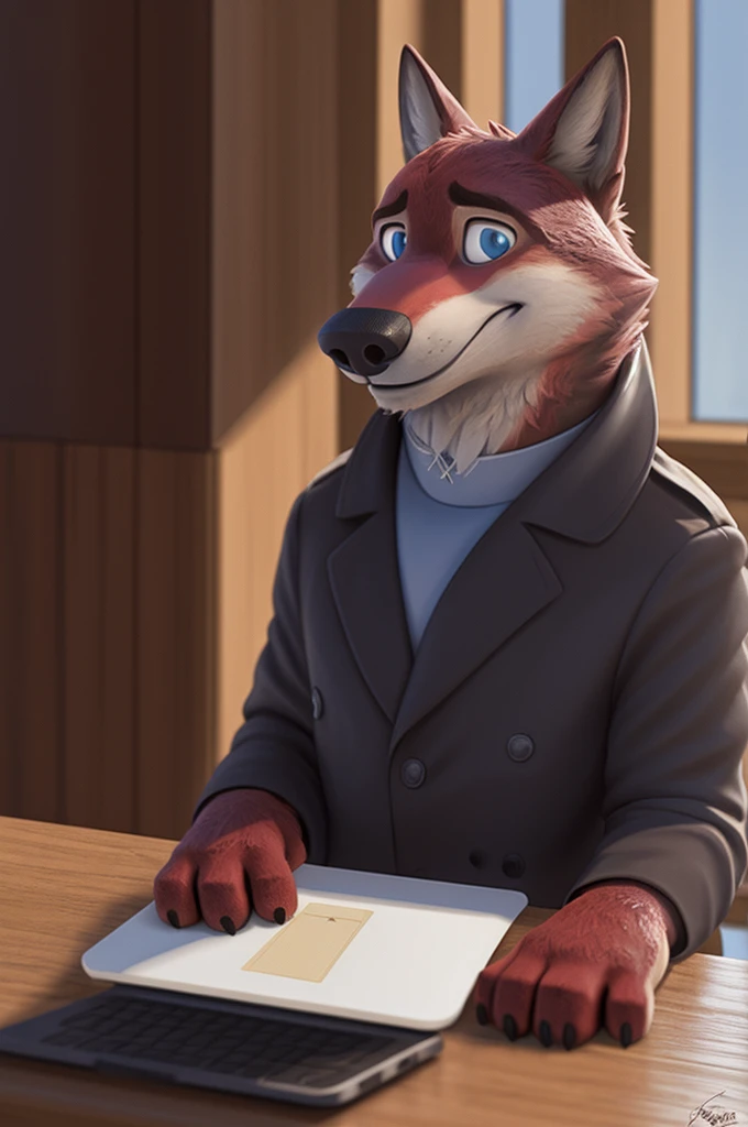 Joachim Wolfbach (Zootopia),tall handsome, wolf,young, 24 years, brown fur,(red body:1.3),Blue eyes, Moscow Dressed,to Pope Catholic priest of the Roman Catholic Church, canine, wolf, detailed fur, Male, antro, paw pads, finger claws,holding a laptop, at viewer, 5 fingers, paws, 5 fingers, smile, happy, resting, wrist watch, т nextel, sitting at home watching TV, by xenoforge, (difficult, high detail, film photography, soft focus, RAW, pilot by training,smile смех 
фотореализм, realistic, photorealistic, analog style, subsurface scattering, 
masterpiece, Best quality, ultra realistic, 8 K)