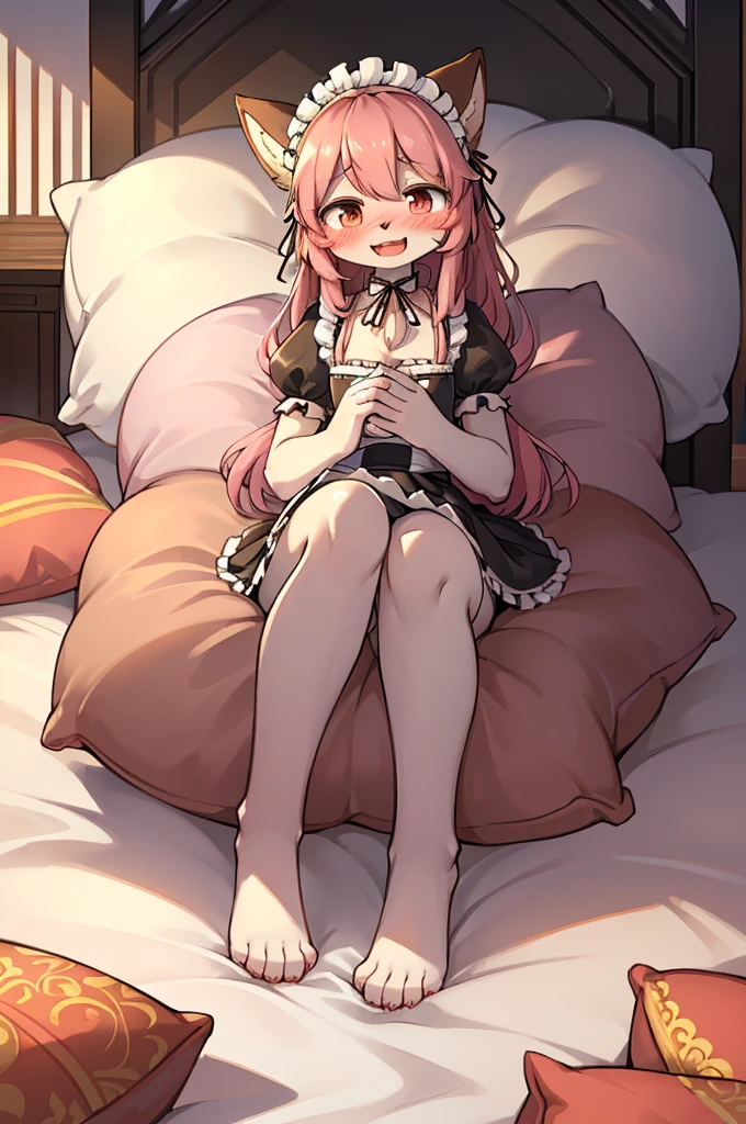 (masterpiece,best quality),Mine, The Beast, , (Light and shadow suitable for any pillow background)), 穿着Maid costume的可爱女孩在枕头上摆姿势, Maid costume,White,nature,, (blush),a smile,Pillow Head,(Lots of pillows),Soft seat cushion,(canopy bed),Soft pillow quotation,(Pillow damage),Lots of pillows,(Friction in the crotch),((Pillow Hump)),(Pillow Head),(A tail),,(Pink pillow),(Around the protagonist),steam,(Pillow Head),(),(Luxury pillows),(palace廷枕花纹枕头),(palace),(palace殿卧室),(Gorgeous pattern pillow),Soft pillows,,(Classical European style bedroom ),(excited,shy person,Lack of expressiveness,),,Pillow hump,,open mouth,