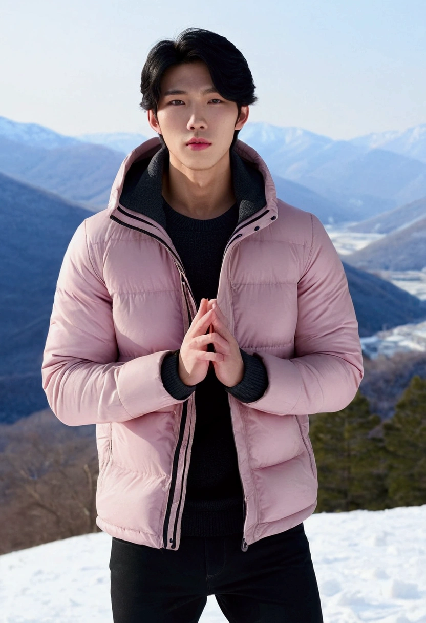 ((best quality)), ((masterpiece)), (detailed) hot and handsome but tall asian boy with milky white skin tone, light brown but black hair, light pink lips full body pic shivering in snow outside mountain scenery folding hands together