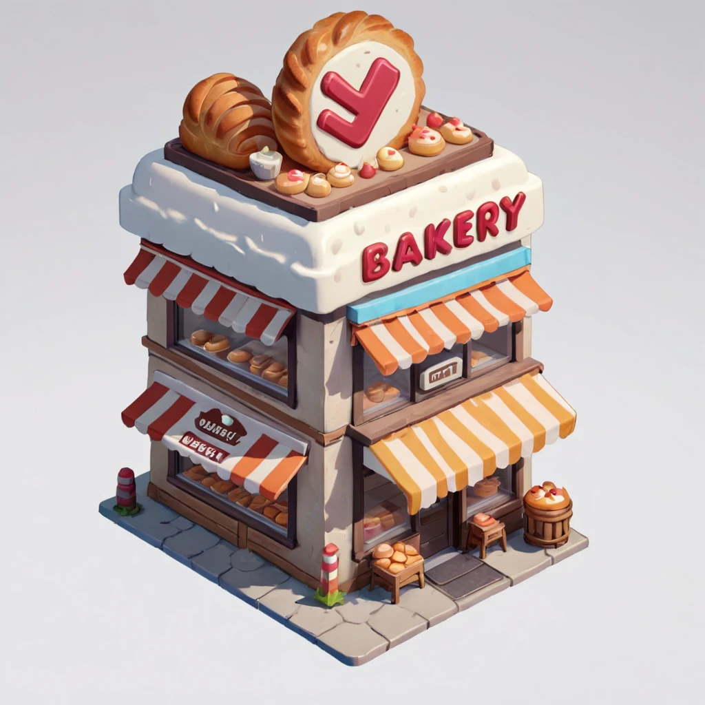 Isometric Model,A small bakery,Huge sign，white background,Game architecture design,Cartoon,casual game style, Game assets,Isometric,2d,Game Art