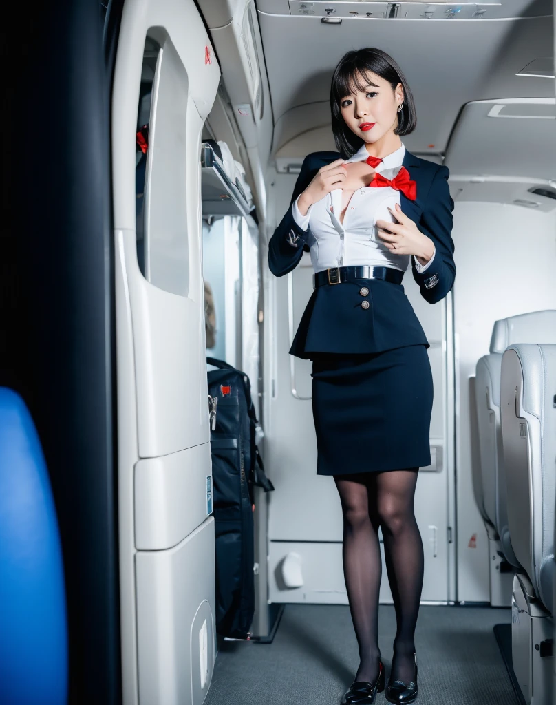 alone，RAW Photos, (8k, Highest quality: 1.2), (masterpiece, Realistic: 1.3), Very detailed, Anatomically correct, To the camera，Flight attendant in her 20s, Short Bob, Red lips, White Uniform, outstanding nipples、Blue Skirt, Black Pantyhose, In the cabin of an airplane
