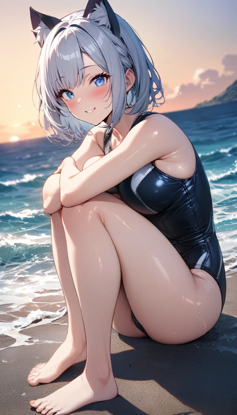 (((best quality)), ((masterpiece)), (details), masterpiece, best quality, high quality, ulutra detailed, perfect face, ((1girl, blue eyes, cat ears: 1.3 silver bob hair: 2.5,)) 、Shiny Hair、Glowing Skin、blush、Lustful look、Side Angle、Ocean岸、Ocean、evening、Sitting on the shore、Put your face on your knees、View here、One-piece swimsuit with frills、barefoot、smile