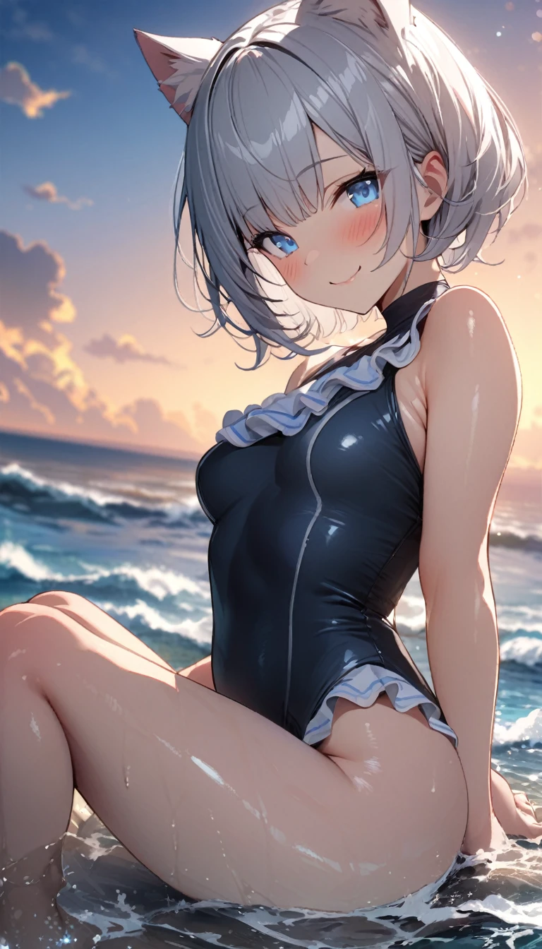 (((best quality)), ((masterpiece)), (details), masterpiece, best quality, high quality, ulutra detailed, perfect face, ((1girl, blue eyes, cat ears: 1.3 silver bob hair: 2.5,)) 、Shiny Hair、Glowing Skin、blush、Lustful look、Side Angle、Ocean岸、Ocean、evening、Sitting on the shore、Put your face on your knees、View here、One-piece swimsuit with frills、barefoot、smile