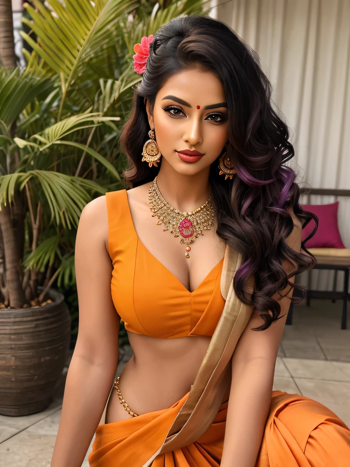 Create an ultra-realistic image of a modern, attractive female influencer of Indian descent, aged between 27 to 30. She should have a warm and inviting smile, expressive almond-shaped eyes with a slight shimmer, and clear, glowing skin with a medium brown complexion. Her features should be well-defined, with high cheekbones and a sharp jawline. Her hair should be long, thick, and wavy, with a natural shine and bounce, styled in an intricate updo with curls and volume, and colored a deep, reddish-purple hue that's bold yet sophisticated. She should have a slender yet athletic build, reflecting a healthy and active lifestyle, with a bust size of 40-42 inches, offering a balanced and proportionate appearance.
She is wearing a vibrant yellow georgette saree with an orange sleeveless blouse. The saree is styled with the pallu neatly pleated and pinned. Her outfit is completed with stylish black heeled sandals that add elegance to her look. She accessorizes with colorful bangles, a statement ring, and a floral hair accessory. Her makeup includes coral lipstick, bronzed cheeks, and mascara, enhancing her natural beauty.
The background should be a vibrant marketplace with colorful stalls, suggesting a lively and dynamic lifestyle. Her overall appearance should exude confidence, approachability, and sophistication, capturing the essence of a contemporary Indian fashion influencer.