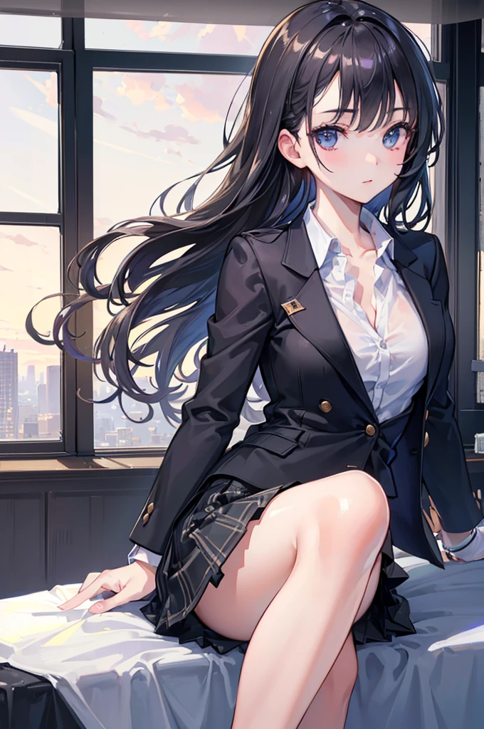 Top Quality, Masterpiece, 1 Girl, Beautiful Face, (Photorealistic Photos:1.3), Rim Lighting, (High Detail Skin:1.2), 8K UHD, DSLR, High Quality, High Definition, 4K, 8K, Bokeh, (Real: 1.3), Small Face, Cute One Girl, Black Formal Blazer, Middle Breast, Short Skirt,Office