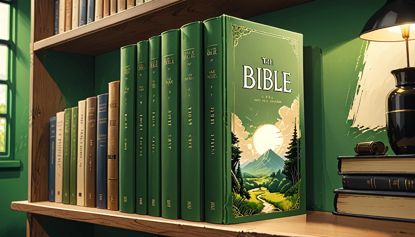 
close-up of the book's spine with title "Bible" on a shelf in a green office,
 graphic style of novel comics, 
2d, 8k, iMax, hyperrealism, masterpiece, high resolution, best quality, ultra-detailed, super realistic, Hyperrealistic art, high-quality, ultra high res, highest detailed, lot of details, Extremely high-resolution details, incredibly lifelike,  soft cinematic light,