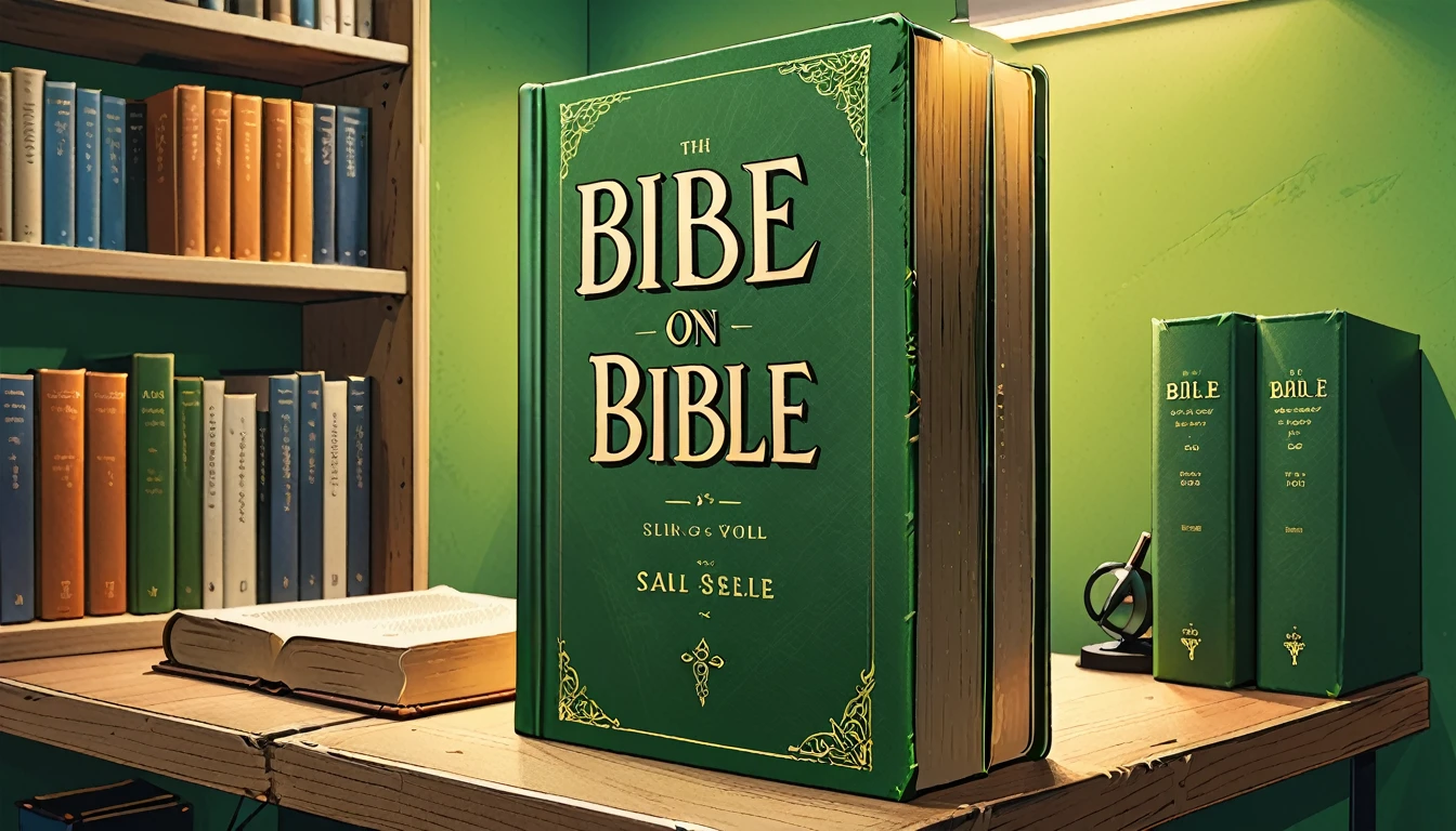 close-up of the book's spine with title "Bible" on a shelf in a green office,
graphic style of novel comics,
2d, 8k, iMax, hyperrealism, masterpiece, high resolution, best quality, ultra-detailed, super realistic, Hyperrealistic art, high-quality, ultra high res, highest detailed, lot of details, Extremely high-resolution details, incredibly lifelike, soft cinematic light,