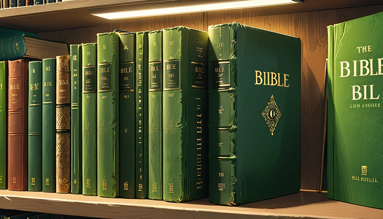 
close-up of the book's spine with title "Bible" on a shelf in a green office,
 graphic style of novel comics, 
2d, 8k, iMax, hyperrealism, masterpiece, high resolution, best quality, ultra-detailed, super realistic, Hyperrealistic art, high-quality, ultra high res, highest detailed, lot of details, Extremely high-resolution details, incredibly lifelike,  soft cinematic light,