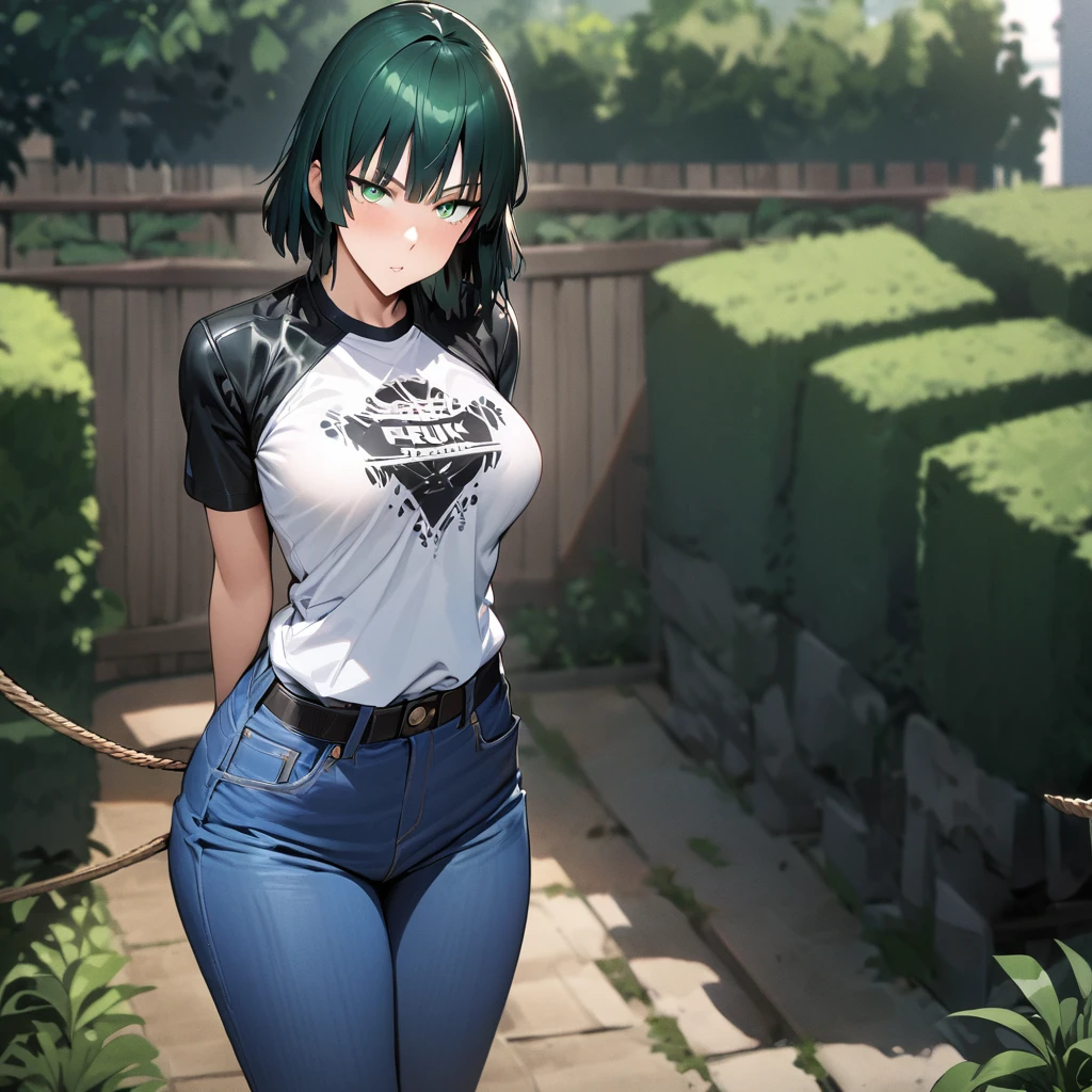 Masterpiece , highly detailed , best quality , perfect face , green eyes , fubuki , wearing black leather jacket over white printed t-shirt and blue jeans , in garden , arms bound behind back with rope , looking at camera , standing still 