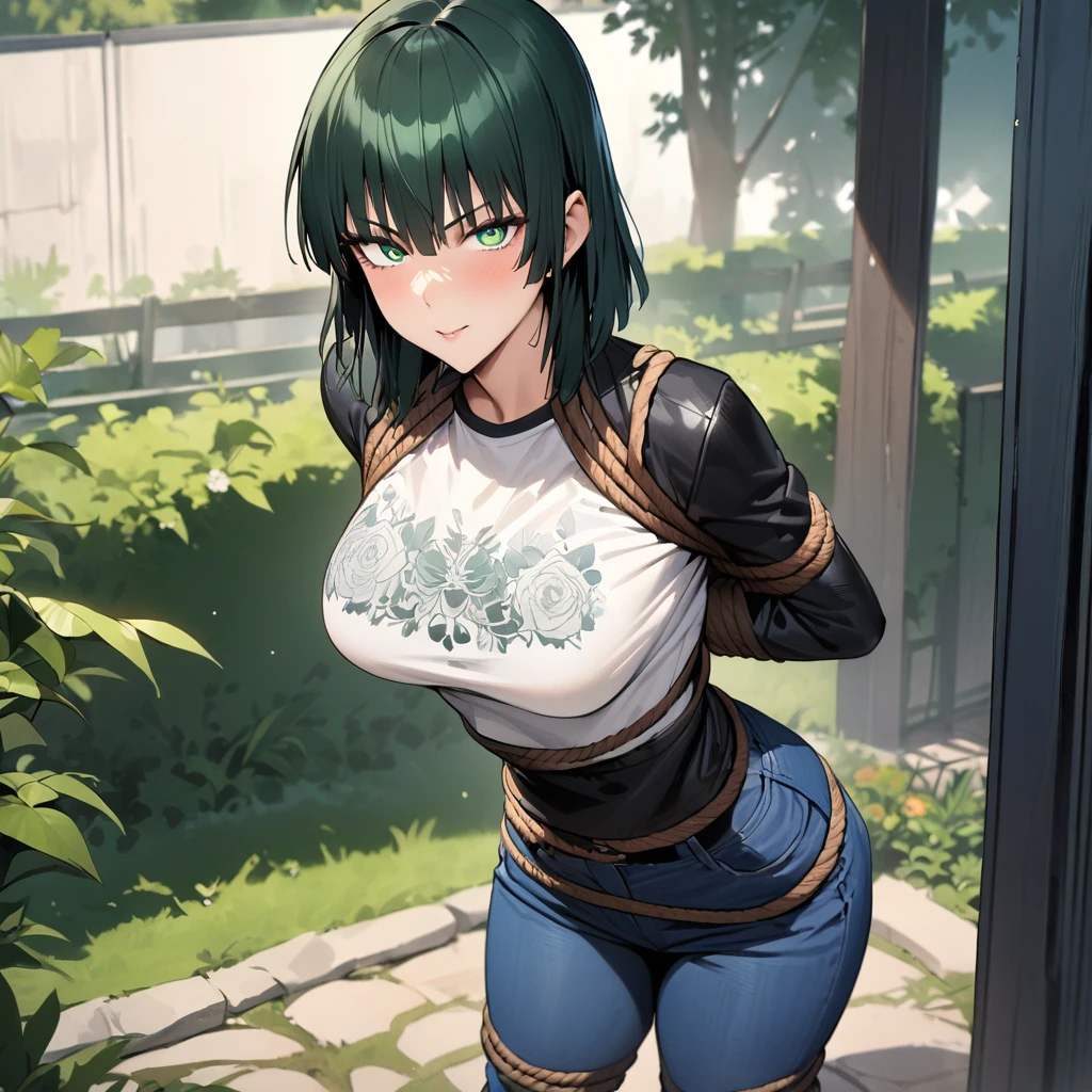 Masterpiece , highly detailed , best quality , perfect face , green eyes , fubuki , wearing black leather jacket over white printed t-shirt and blue jeans , in garden , arms bound behind back with rope , looking at camera , standing still 