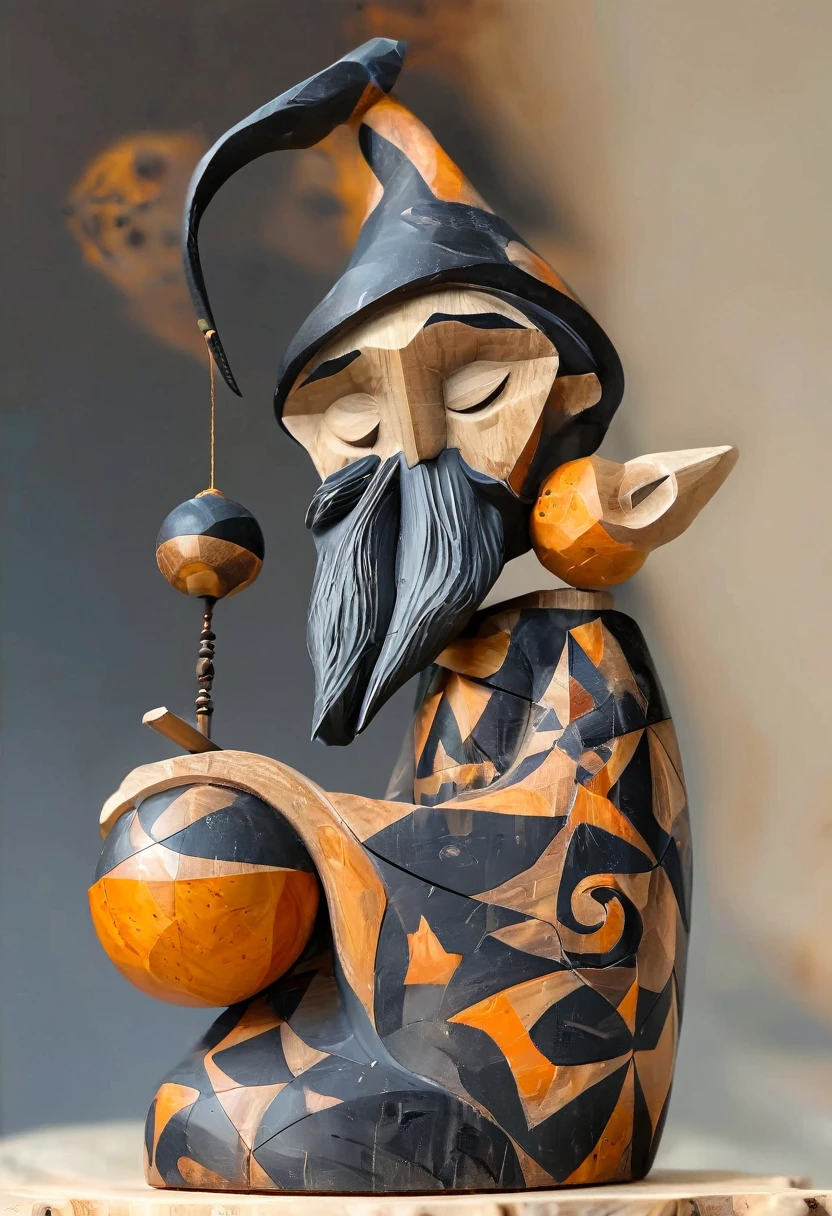 (Minimalist:3),(angular, wood block.),3D,wooden ornaments,modern art,(simple structure:3),polished,(log color:2),wooden sculpture,wooden decoration,(handmade:2),three-dimensional,lovely,woodwork, There is a wizard figurine holding a wand and ball,a cute and interesting wooden figurine,wooden art toys,art toy collection figurine,3D clay figurine,antacid character,male wizard,wizard holding a cage,sad wizard,wizard smoking pipe,wooden art toy on the base,