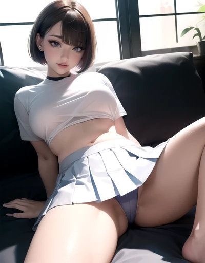 20 year old Japanese woman,(非常にdetailedな肌),Curvy,,美しいBig Breasts,(Big Breasts),Pale skin,Pointed Chest,Erect nipples,(Fantasy art,Best image quality,Surreal portrait,(8k),Ultra-realistic,最high quality, high quality, High resolution, high quality texture,Attention to detail,Beautiful details,detailed,Extremely detailed CG,detailed Texture,Realistic facial expressions,masterpiece,in front,dynamic,bold),(((short pixie cut))),(Very thin hair),(Very soft hair),(Super Straight Hair:1.5),length, sleek bangs,Very light coppery amber hair,Hair in one eye、(((Wearing a white shirt))) (((See-through nipples))) (((Wear a pleated skirt))) (((Lifting the skirt to expose the genitals))) (((Not wearing panties))) (((Exposed genitals))) (((The labia minora are exposed)))(((detailedな性器の描写)))、The lines of the body are clearly visible、(((Depiction of beautiful fingers))) (((Beautiful body depiction))) (((Spread your legs in an M shape))) (((Sit with your legs apart)))、(((Accentuate the crotch)))、(((Exposed genitalsを見せつける)))(((Full body photo)))、(((Low angle photo)))、(((Correct ankle orientation)))(((The correct number of legs))) (((genitals and anus are exposed,,,,,)))(((Expressing the spread of the genitals)))(((genitals are wet with body fluids)))