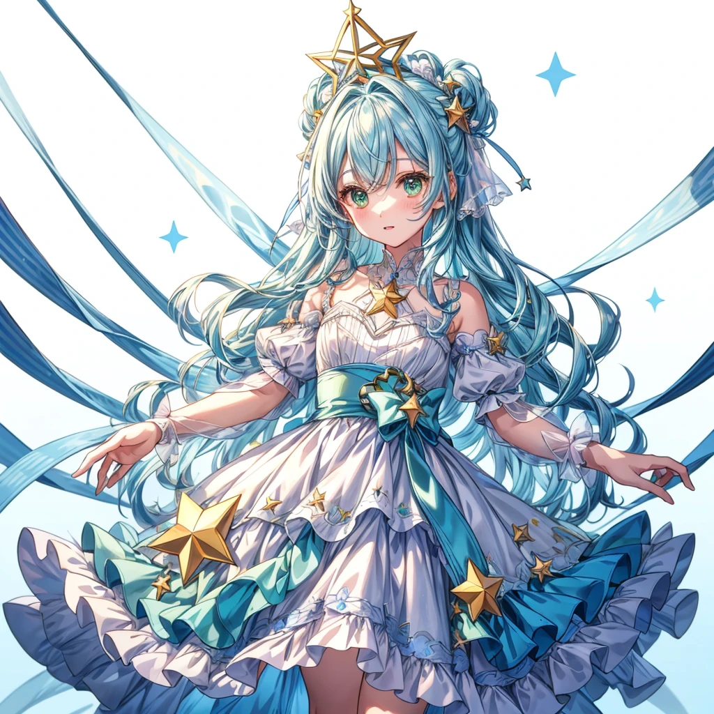 1girginal and unique cute hairstyle、Star Fairy、Star incarnation、Character design front view、A picture facing the viewer、(((Super detailed、Highest quality、Masterpiece)))、Original cute hairstyle、Milky white and blue hair color、Simple Green Background、vtuber-fullbody,
