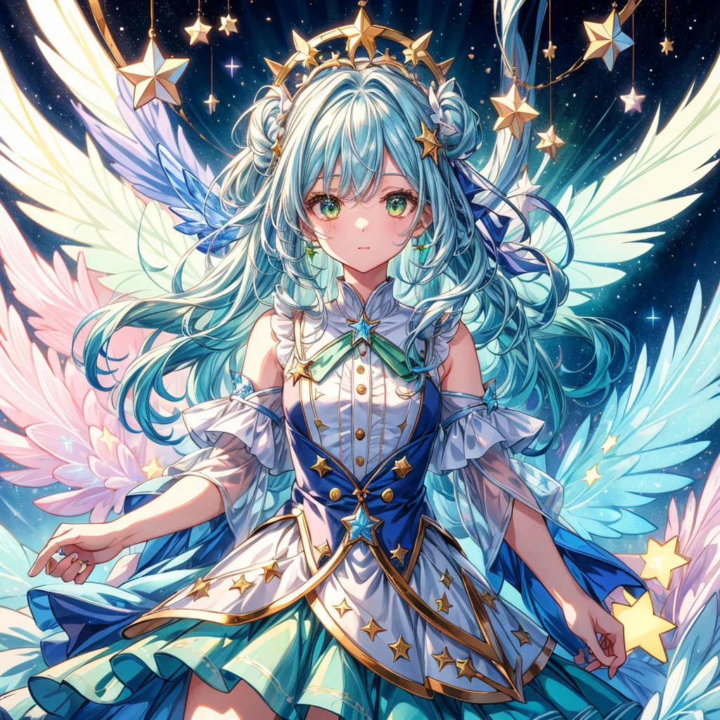 1girginal and unique cute hairstyle、Star Fairy、Star incarnation、Character design front view、A picture facing the viewer、(((Super detailed、Highest quality、Masterpiece)))、Original cute hairstyle、Milky white and blue hair color、Simple Green Background、vtuber-fullbody,