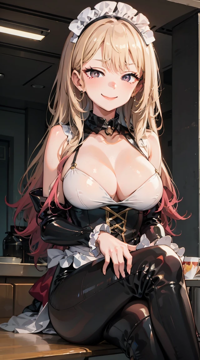 Marin Kitagawa,Maid, latex clothes, A beautiful smile, Cross your legs, teasing,smug,