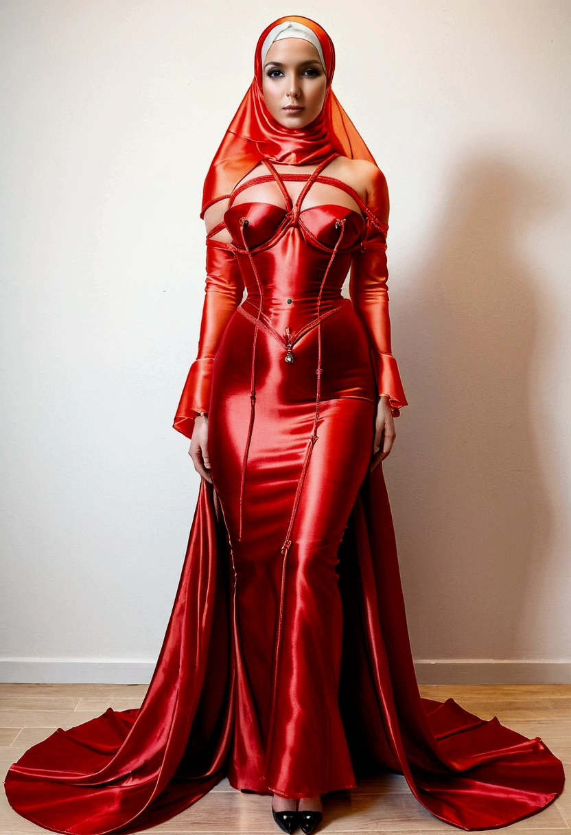 a woman in the translucent red gown, tight full body tied, satin sheet on flor, nipple on with nipple piercing, half naked, wear corset, satin hijab, full body, long satin,mermaid tight long gown, flowy dramatic long gown, tall women, walk in rush, wear high heels, masterpice.