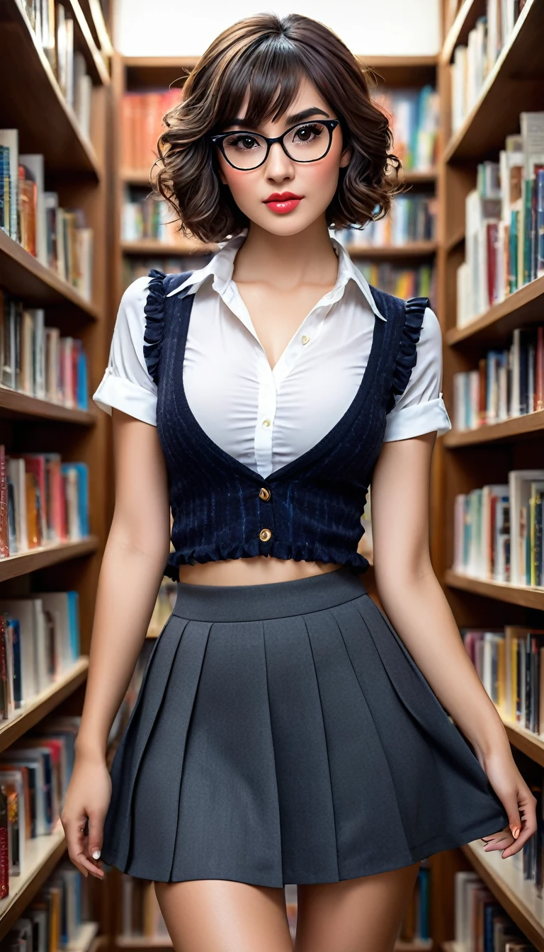 (((beautiful beautiful Isabela Merced, posing for uploadss, looking sexy, ruffled lips, Cabelo curto e curly, extremely pretty eyes))), ((wearing floral silver necklace)), realistic uploadsgraph, highy detailed, Foco do pointed, (Main lighting), (indoor bookstore environment), artwork, extremely pretty, Perfect beauty, (perfect shape body, Broad Hips, small waist, thick-thighs, firm abs, Body cute, knees, knees, focus on the knees, breasts small), cabelo curto com franja, short hair with bangs covering the forehead, cabelo curto com franja ((((short hair with bangs covering the forehead)))), ((30 years old)), (extremely detaild 8k wallpaper), ((face detailed)), (((wearing white shirt, microsaia curta de tweed, knees, knees, very short skirt)), (long dark eyelashes), (looking at the camera), (((cleavage))), (glamor model), (seductive facial expression) (((standing between high shelves full of books))), extremely detaild, artwork, Intricate details, highy detailed, Foco do pointed, skin detailed, realistic skin texture, texture, detailedeyes, high resolution, kodak vision color, uploads_\(ultra\), Post-processing, maximum detail, roughness, real-life, ultra realistic, uploadsrealism, uploadsgraphy, absurderes, RAW uploads, highest quallity, high detail RAW color uploads, professional uploads, extremely detaild UHD 8k wallpaper unit, best quality, high resolution, (artwork, maximum quality, high resolution:1.4), uploads, cinematic, film grain, pointed, soft natural light, magic uploadsgraphy, super verbose, ((whole body: legs 1.3)), librarian glasses, nerd glasses, ((pleated miniskirt: miniskirt 1.3)), unbuttoned blouse with cleavage, bellybutton, navel, cleavage