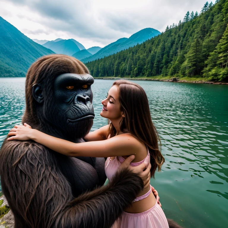 King Kong hugs a beautiful girl against the backdrop of a mountain forest lake.