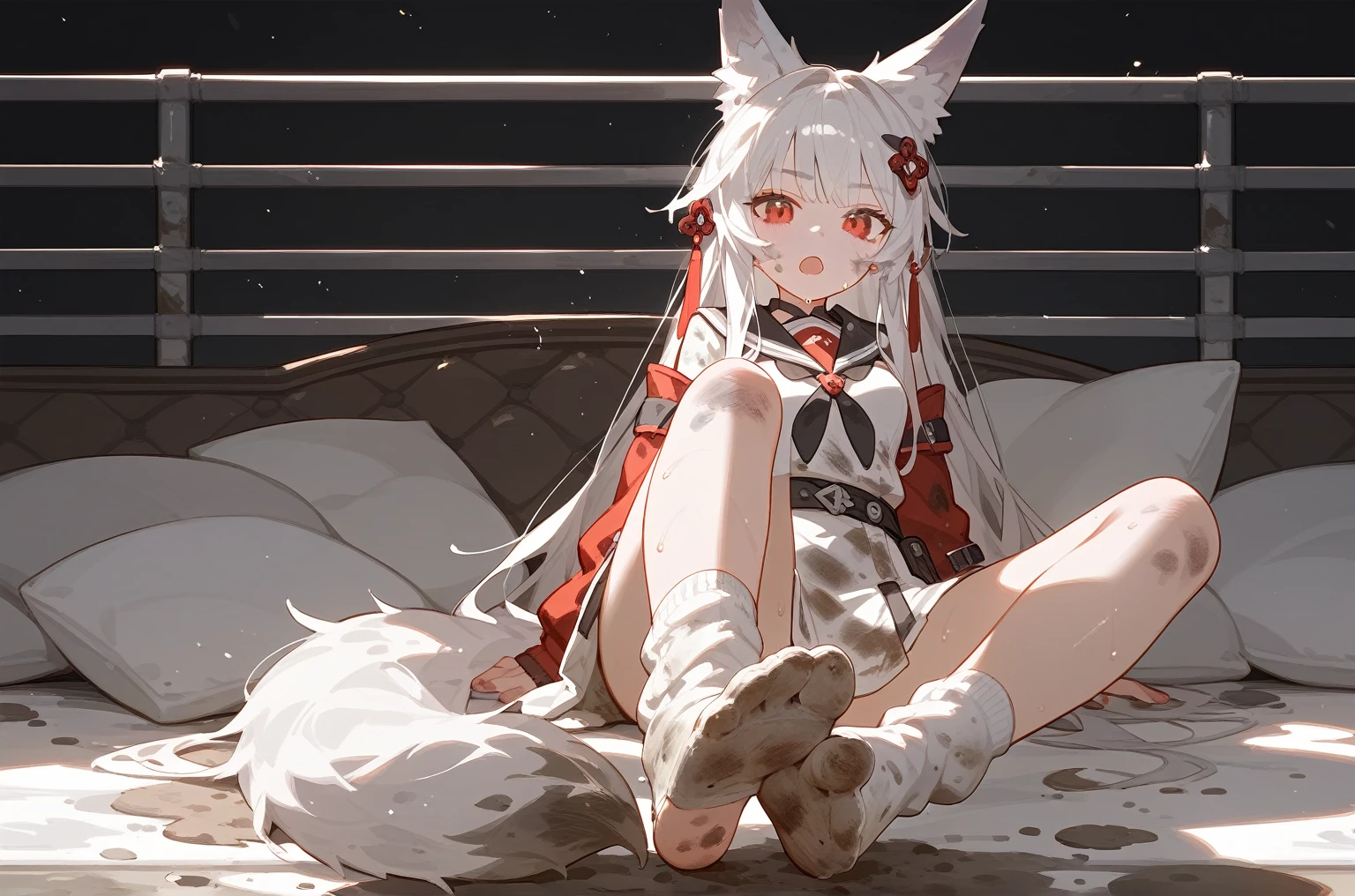 1 girl,dirty,foot,foot底,Red Eyes，breast,solitary,Long hair,White hair,,foot趾,foot部焦点,Looking at the audience,sit,Sweat,open mouth,dirty foot,Keep,indoor,Pillow,Bangs，White knee socks，Fox ears，There&#39;foot的泥土，White clothes，Uniforms，Japanese style，dirtyPillow，dirty床，女孩周围堆满Pillow，女孩踩踏2着Pillow，大量Pillow，Pillow上肮脏，,(Deluxe Rococo Canopy King Bed),On a big and spacious bed,(),,,,Luxurious curtains with ornate ruffles and ribbons surround the bed,((((There are many pillows piled on the bed)))),Detail of Quilt,Detailed bed sheets,女孩踩在Pillow上