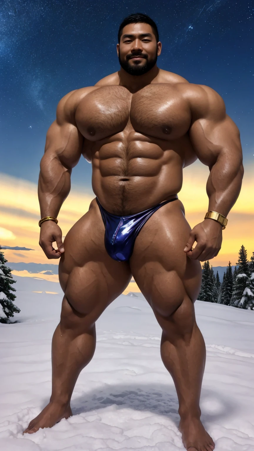 There is only one handsome Chinese man in the photo，35 years old，tall, Fitness，Smooth body，Smooth skin，No chest hair，short hair, O-Shaped Beard，Perfect body, Dark skin color，Radiant Skin，Smooth skin，Shiny, shiny skin，Smooth pectoral muscles，Muscle bulge, muscular, Very large pectoral muscles，Very sexy abdominal muscles，Very well-developed leg muscles，Huge concave and convex area，Brightens oily skin，Wearing a shiny gold leather thong，Handsome face，Normal human toes，Correct and accurate male body proportions，Gold Collar，Gold bracelet，Gold anklets，Standing in the snow，Night sky，A sky full of stars，There are auroras，Colorful，Charming dream scene，Epic。
