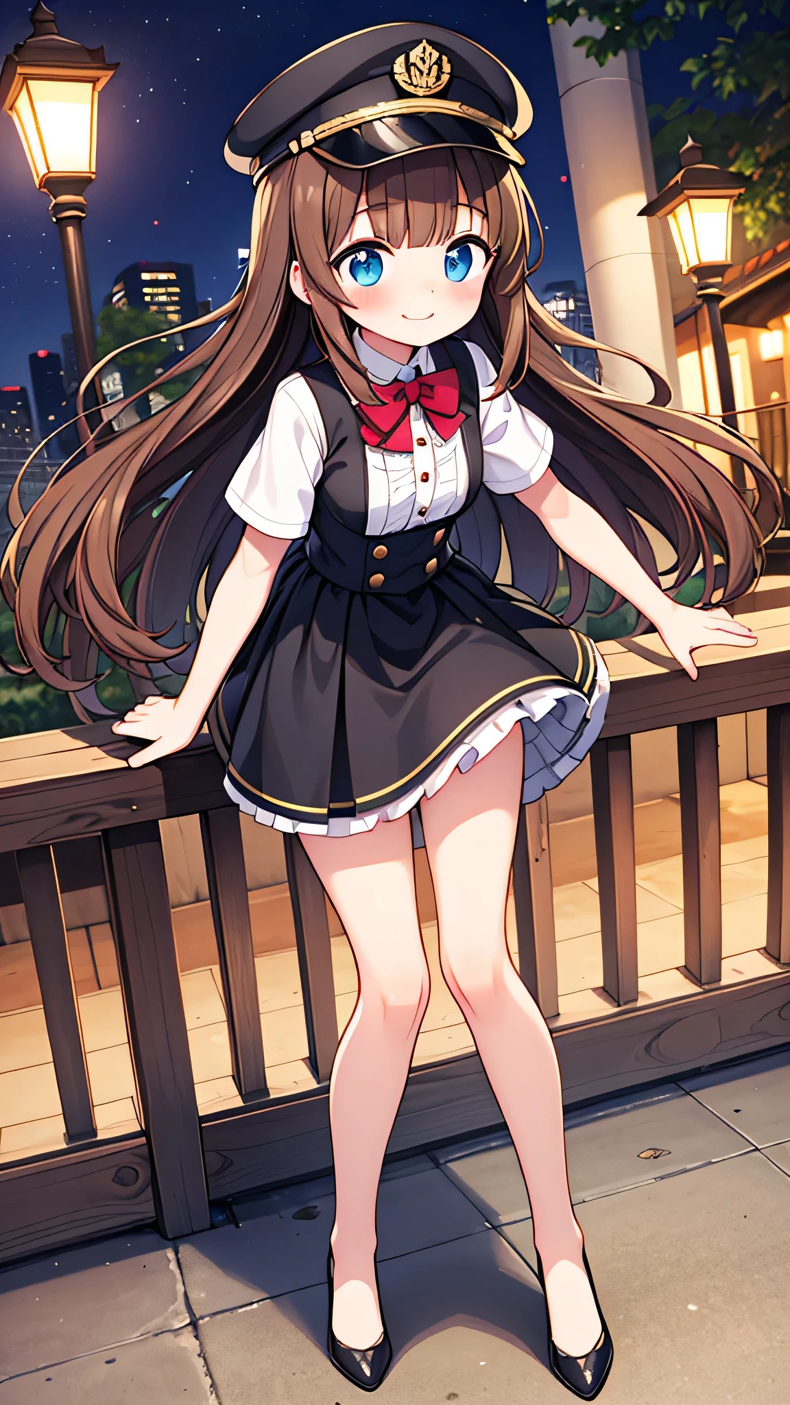 {Highest quality}, {Super beautiful},{Ultra fine},{Best illustration},Brown Hair,Hime cut,semi-long,Bangs,Standing Woman,Uniform cap,White Shirt,Short sleeve,Long black skirt,Night Park,Embarrassed,smilingly,Blushing,Slender women, A woman wearing plain black pumps,Bare feet and pumps,From an angle,From above,
