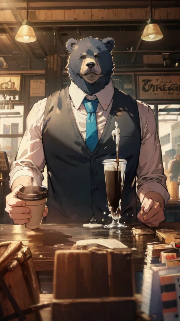 Cartoon Bear、Anthropomorphic Bear、Big body、Black vest、shirt、tie、Pouring coffee, Coffee shop, Surrealism, UHD, accurate, super detail, best quality, highres, 8k