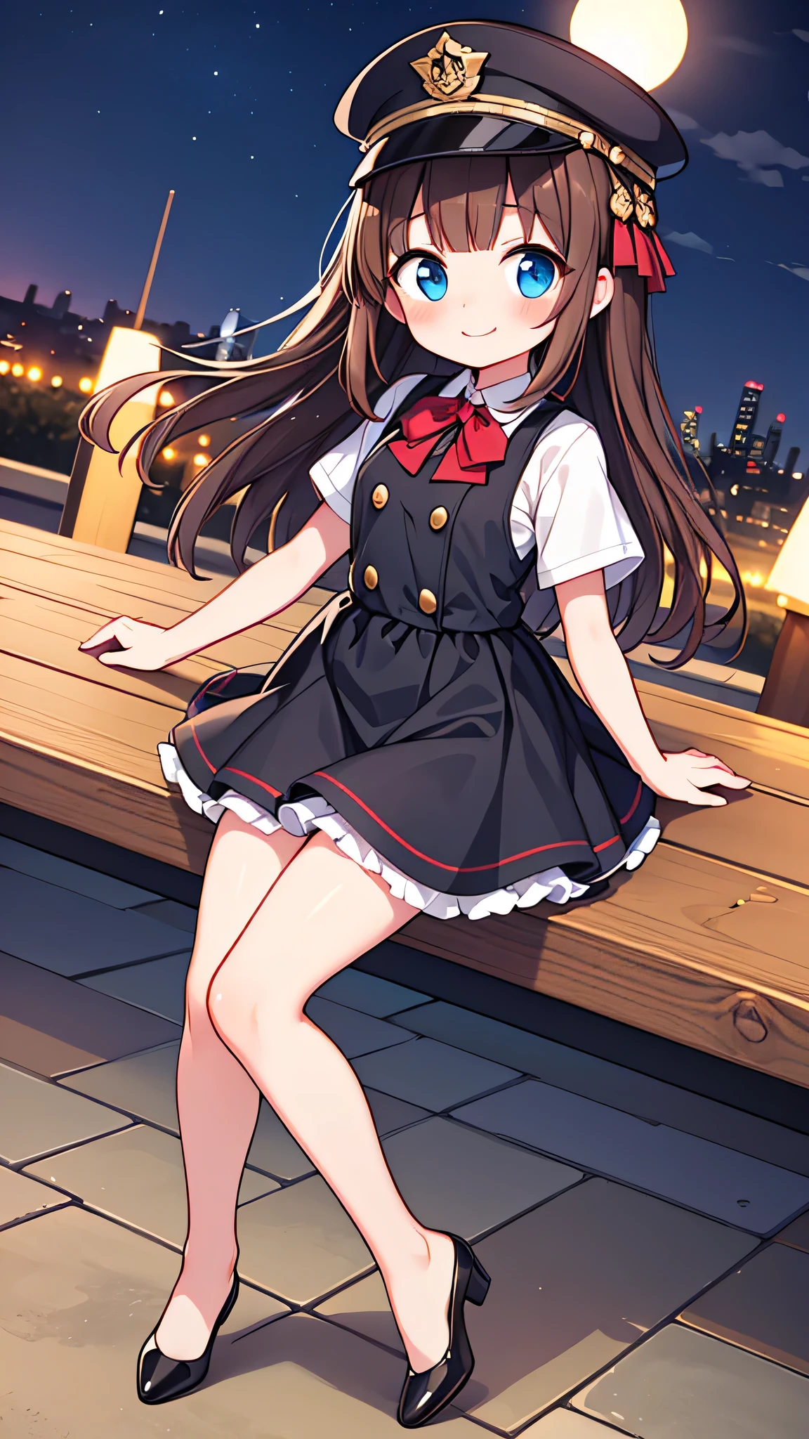 {Highest quality}, {Super beautiful},{Ultra fine},{Best illustration},Brown Hair,Hime cut,semi-long,Bangs,Standing Woman,Uniform cap,White Shirt,Short sleeve,Long black skirt,Night Park,Embarrassed,smilingly,Blushing,Slender women, A woman wearing plain black pumps,Bare feet and pumps,From an angle,From above,