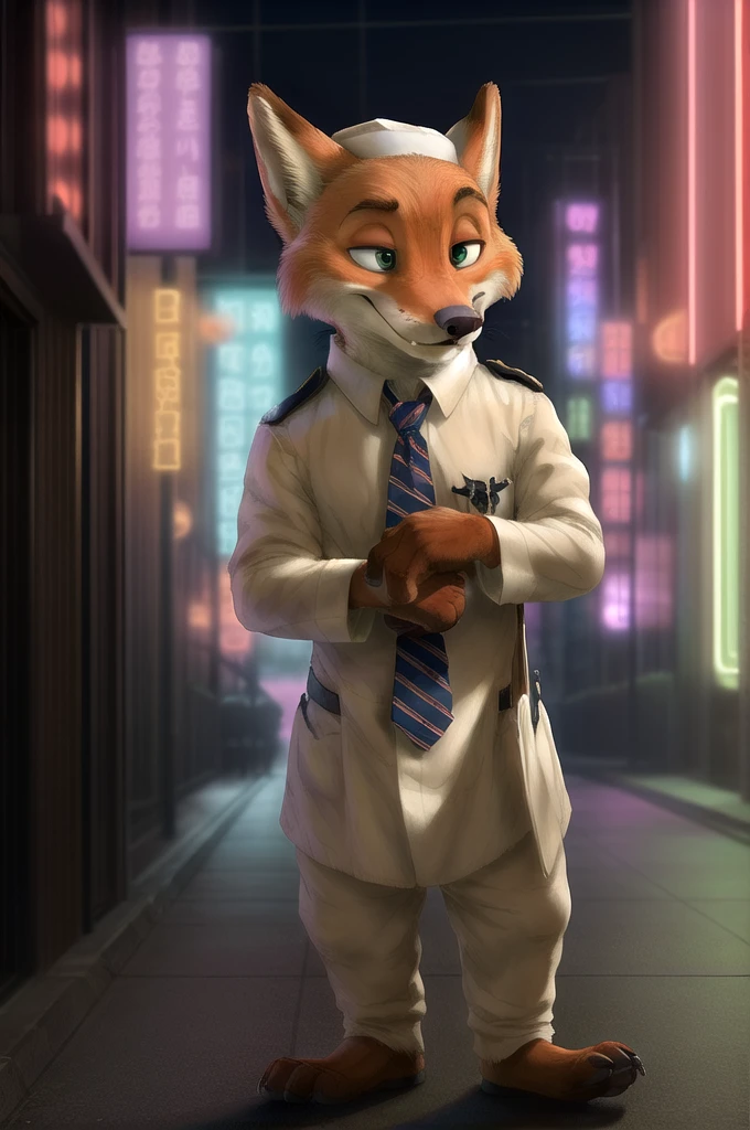 (energetic, by honovy, от zenthetiger, from Sausch), Nick Wilde, Male, Fox, One, tie, safe, dressed, green eyes,Catholic priest, standing, city, street, Tokyo, Akihabara, neon lights, night