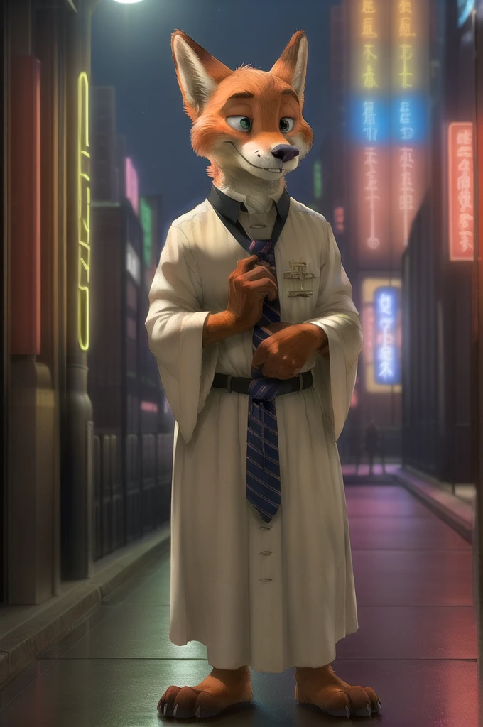 (energetic, by honovy, от zenthetiger, from Sausch), Nick Wilde, Male, Fox, One, tie, safe, dressed, green eyes,Catholic priest, standing, city, street, Tokyo, Akihabara, neon lights, night