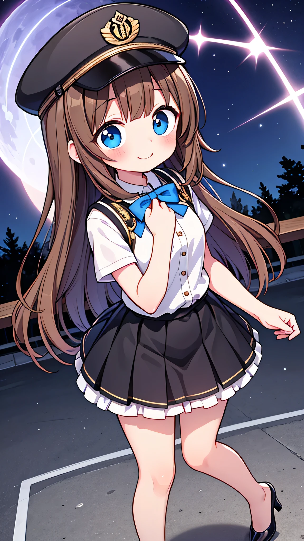 {Highest quality}, {Super beautiful},{Ultra fine},{Best illustration},Brown Hair,Hime cut,semi-long,Bangs,Standing Woman,Uniform cap,White Shirt,Short sleeve,Long black skirt,Night Park,Embarrassed,smilingly,Blushing,Slender women, A woman wearing plain black pumps,Bare feet and pumps,From an angle,From above,