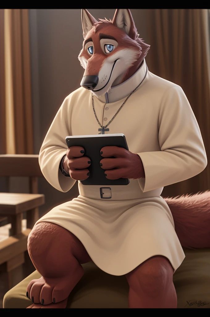 Joachim Wolfbach (Zootopia),tall handsome, wolf,young, 24 years, brown fur,(red body:1.3),Blue eyes, Moscow Dressed,to Pope Catholic priest of the Roman Catholic Church, canine, wolf, detailed fur, Male, antro, paw pads, finger claws,holding a laptop, at viewer, 5 fingers, paws, 5 fingers, smile, happy, resting, wrist watch, т nextel, sitting at home watching TV, by xenoforge, (difficult, high detail, film photography, soft focus, RAW, pilot by training,smile смех 
фотореализм, realistic, photorealistic, analog style, subsurface scattering, 
masterpiece, Best quality, ultra realistic, 8 K)