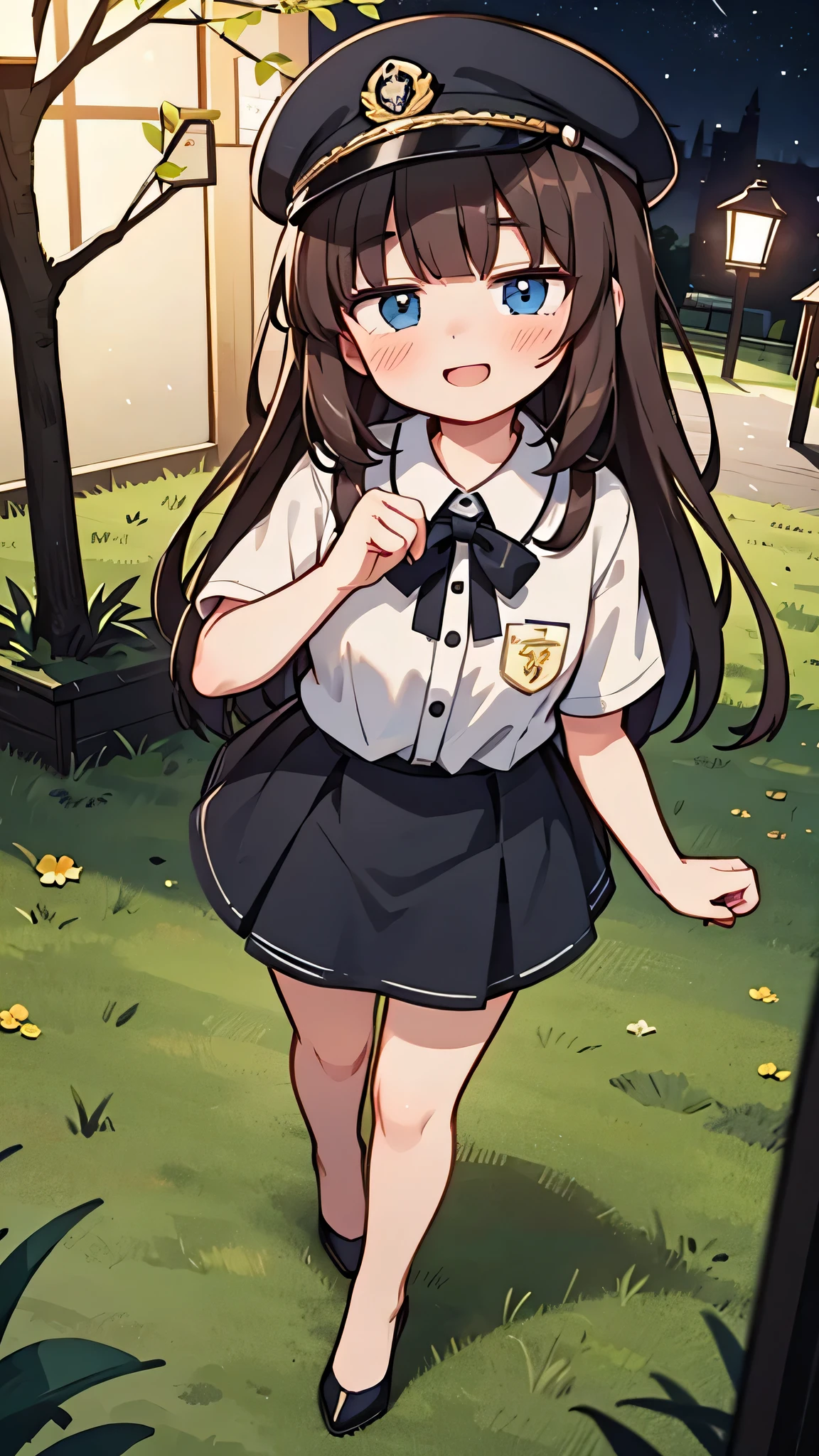 {Highest quality}, {Super beautiful},{Ultra fine},{Best illustration},Brown Hair,Hime cut,semi-long,Bangs,Standing Woman,Uniform cap,White Shirt,Short sleeve,Long black skirt,Night Park,Embarrassed,smilingly,Blushing,Slender women, A woman wearing plain black pumps,Bare feet and pumps,From an angle,From above,